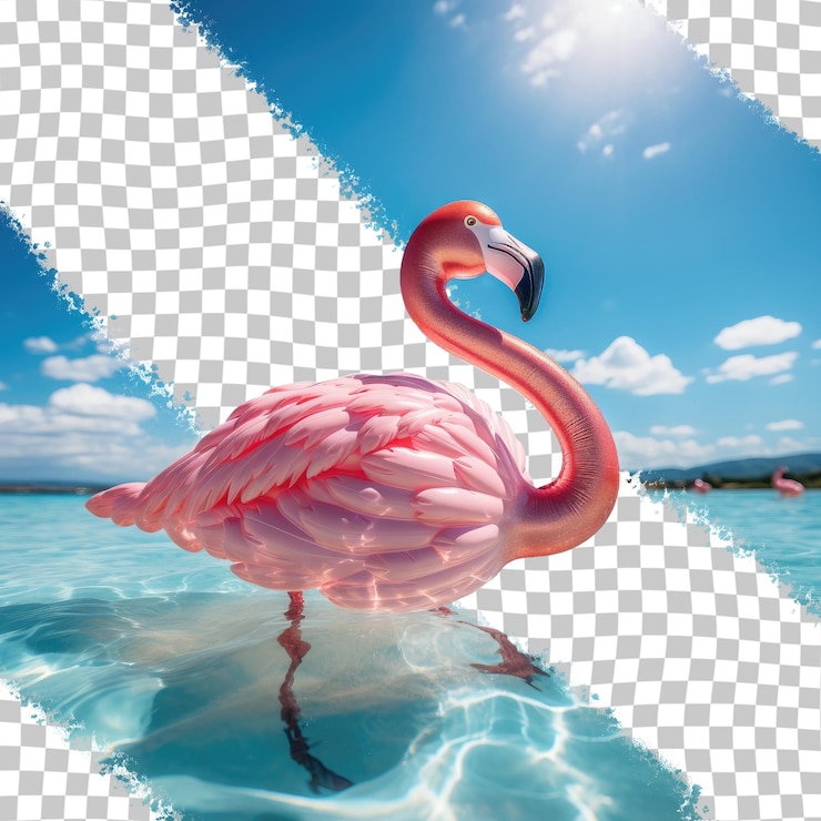 PSD flamingo inflable rosado flotando en el agua azul del océano para el fondo transparente del verano