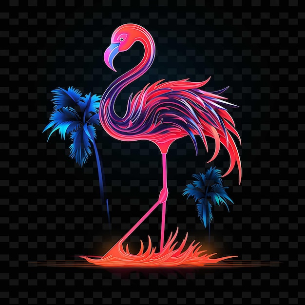 PSD flamingo paradis tropical lignes de néon gracieuses palmiers cu png y2k formes lumières transparentes arts