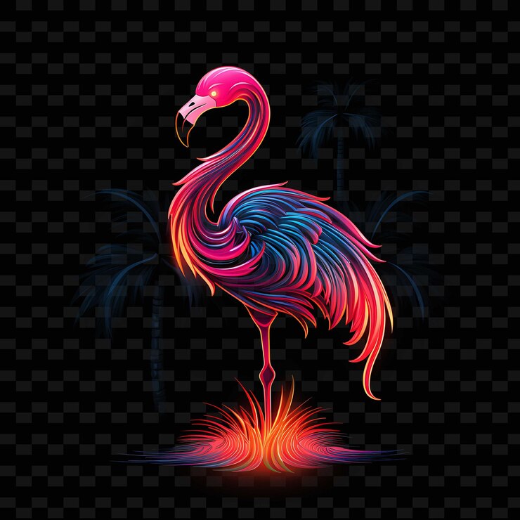PSD flamingo paradiso tropicale linee di neon aggraziate palme cu png y2k forme luce trasparente arti