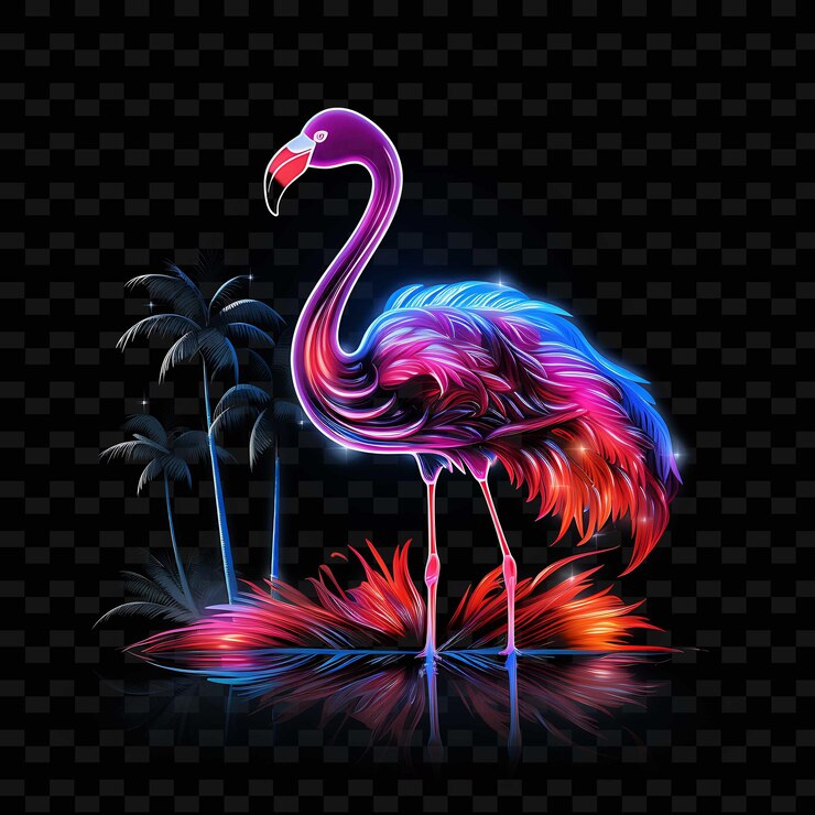 PSD flamingo paradiso tropicale linee di neon aggraziate palme cu png y2k forme luce trasparente arti