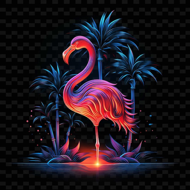 Flamingo paraíso tropical gráciles líneas de neón palmeras cu png y2k formas artes de luz transparente