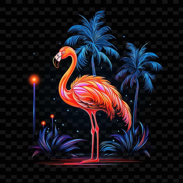 PSD flamingo paraíso tropical linhas de neon graciosas palmeiras cu png y2k formas artes de luz transparente