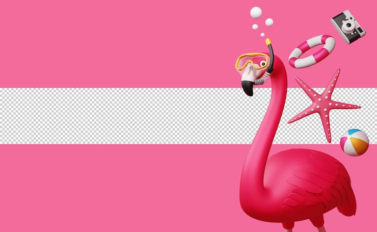 PSD flamingo wearing scuba diving mask with starfish, swim ring and camera, summer season, summer 3d rendering