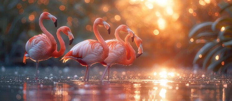 PSD flamingos rosados en una puesta de sol dorada