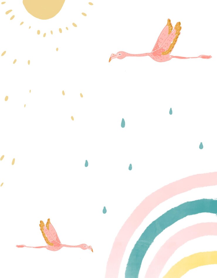 PSD flamingos voando através de um céu cheio de arco-íris