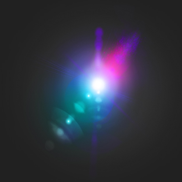 Flare de brillance de lentille colorée avec des lumières bokeh pour superposition d'écran PSD sur fond noir