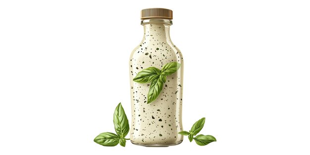 Flasche mit Kräutersalat-Dressing mit Basilikablättern, isoliert auf durchsichtigem Hintergrund
