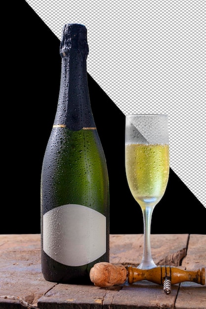 Flasche und glas gekühlter champagner