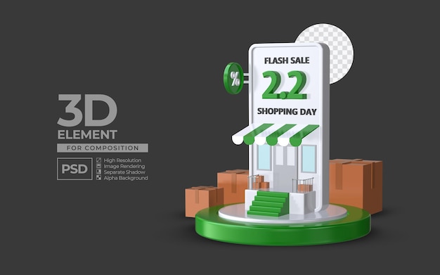 PSD flash-sale-einkaufstag 2 2 mit smartphone-podium 3d-renderelement für kompositions-premium-psd