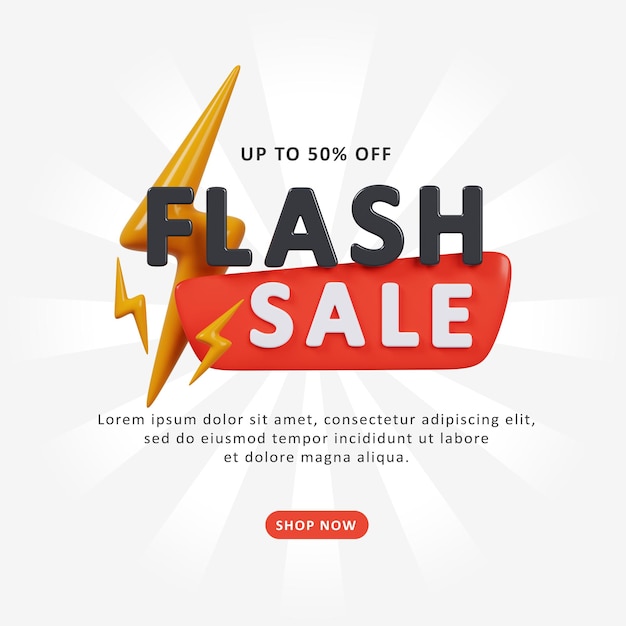 PSD flash sale shopping poster ou banner com ícone flash e texto 3d