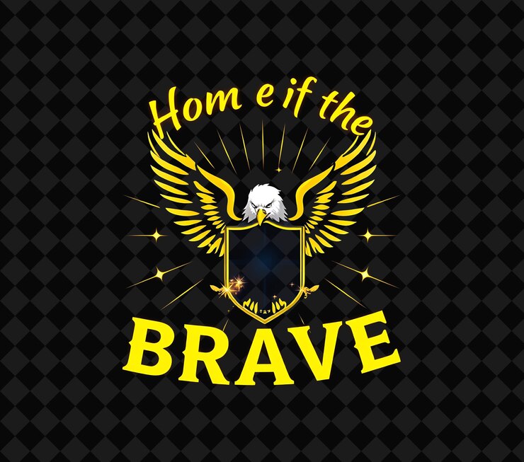 PSD flashing home of the brave texto en neon sunshine yellow y deep indigo que muestra una radiante e calva