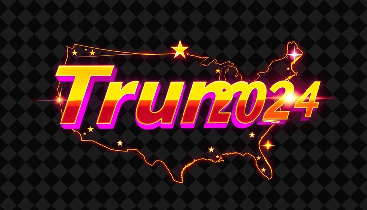 PSD flashing trump 2024 texto en oro rico en neón y púrpura profundo con un mapa pulsante de los estados unidos y sparkl