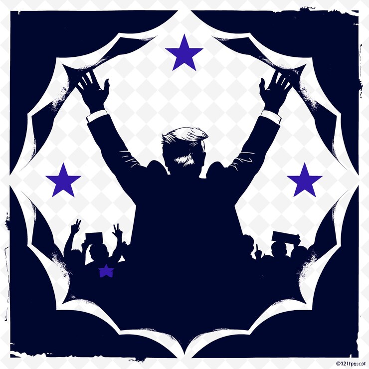PSD flat 2d debout devant une foule les bras soulevés silhouette tranchante contre l'illustration campagne américaine
