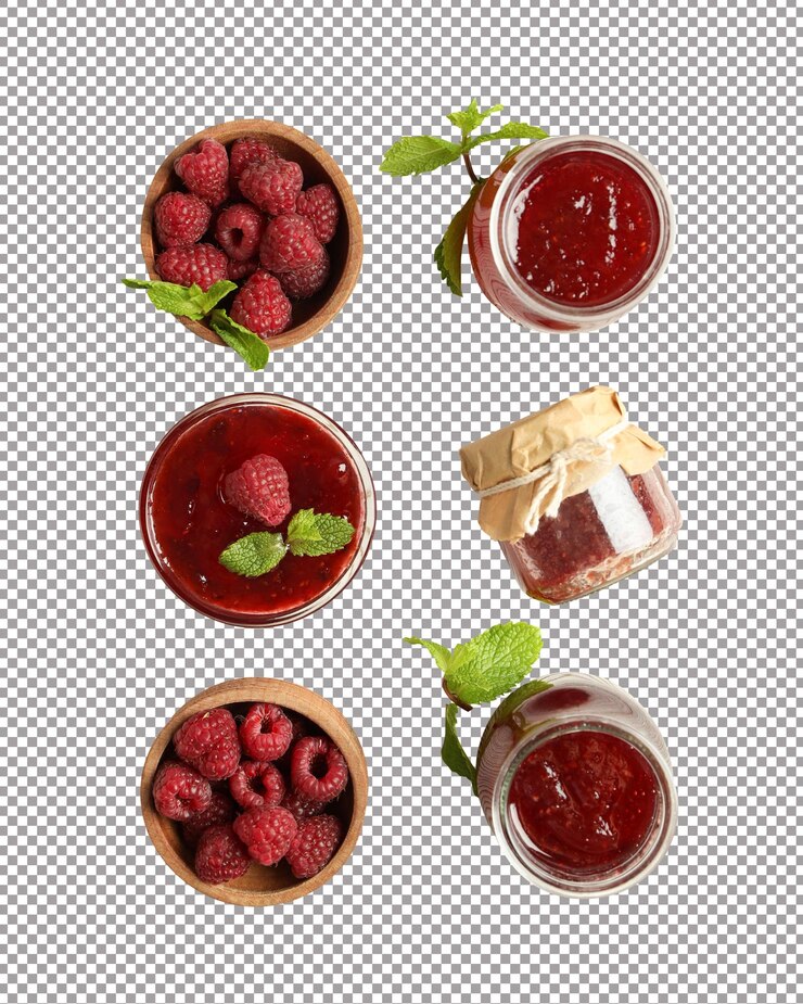 PSD flat lay composition with raspberry jam on wooden background