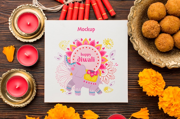 PSD flat lay feliz festival de diwali velas vermelhas