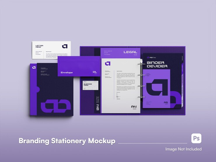 PSD flat lay modern stationery branding isolated mockup for binder envelope letterhead book and busi