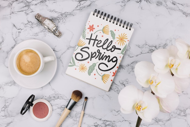 flat lay notepad mockup with spring concept