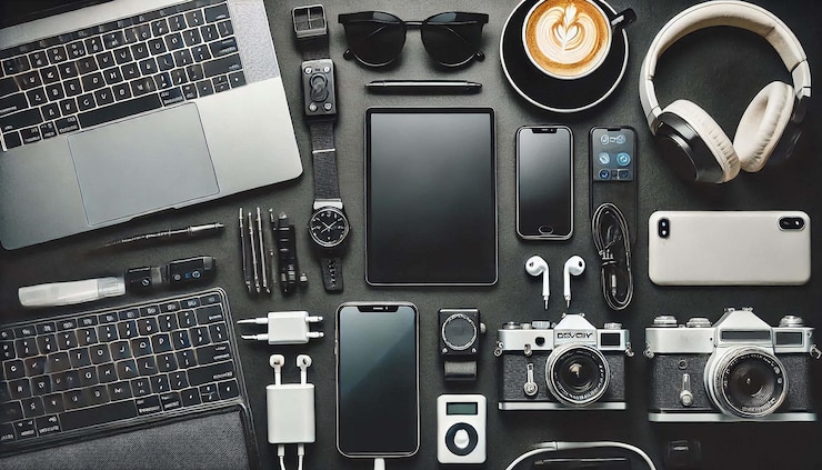 PSD flat lay of electronic components on teal surface