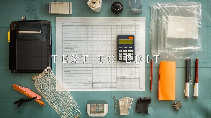 PSD flat lay of office supplies calculator paperwork and tools on a teal surface