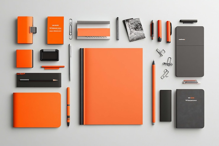 PSD flat lay of orange and gray stationery supplies including notebooks pens pencils clips and sticky notes arranged on a light gray background