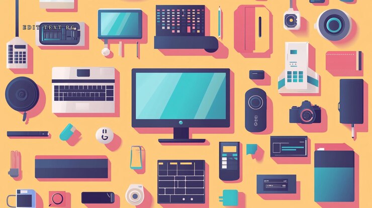 PSD flat lay of various electronics and tech gadgets on yellow background
