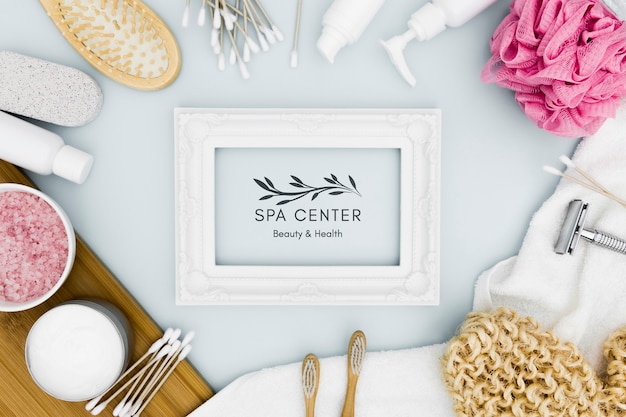 PSD flat lay spa center mock-up marco vacío