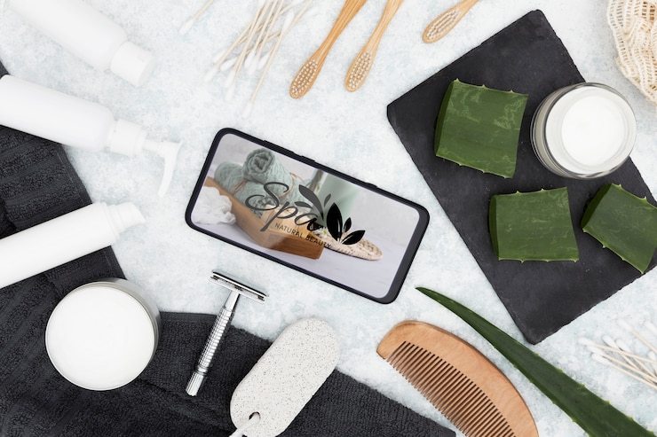 PSD flat-lay-spa-center-modell und handy