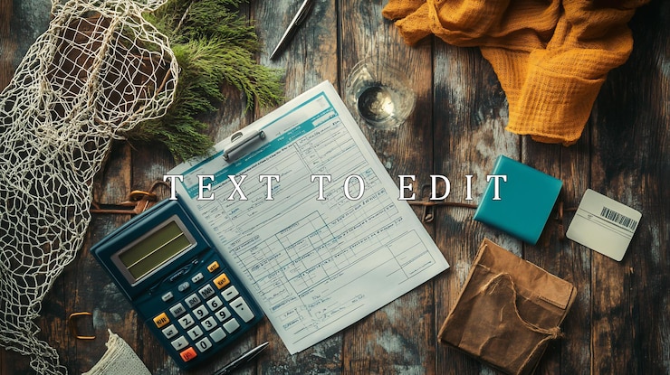 PSD flatlay de calculadora de papelada e papelaria em fundo de madeira rústica