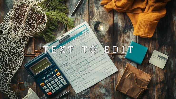PSD flatlay of paperwork calculator and stationery on rustic wooden background