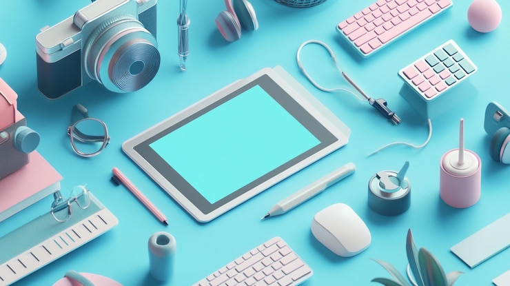 PSD flatlay of pastel tech gadgets stationery and accessories on a blue background