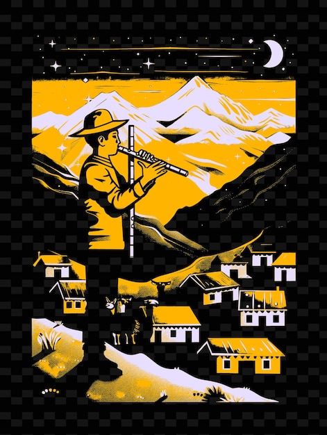 PSD flautista andino em uma aldeia montanhosa peruana com ideia de cartaz de música de ilustração vetorial adob