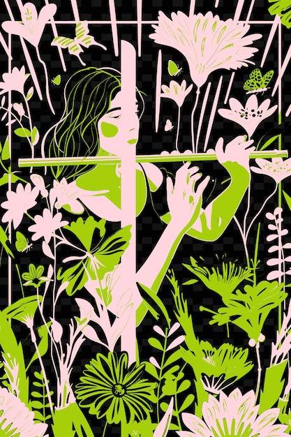 PSD flautista en un jardín tranquilo con flores en flor y butte ilustración vectorial idea de cartel de música