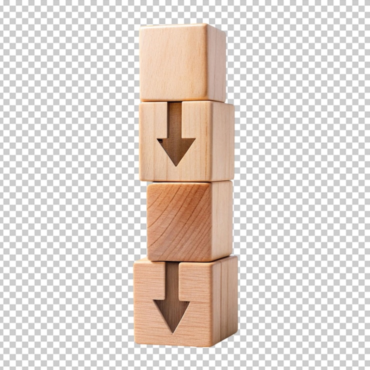 PSD flecha hacia abajo en el concepto de negocio de apilamiento de bloques de madera