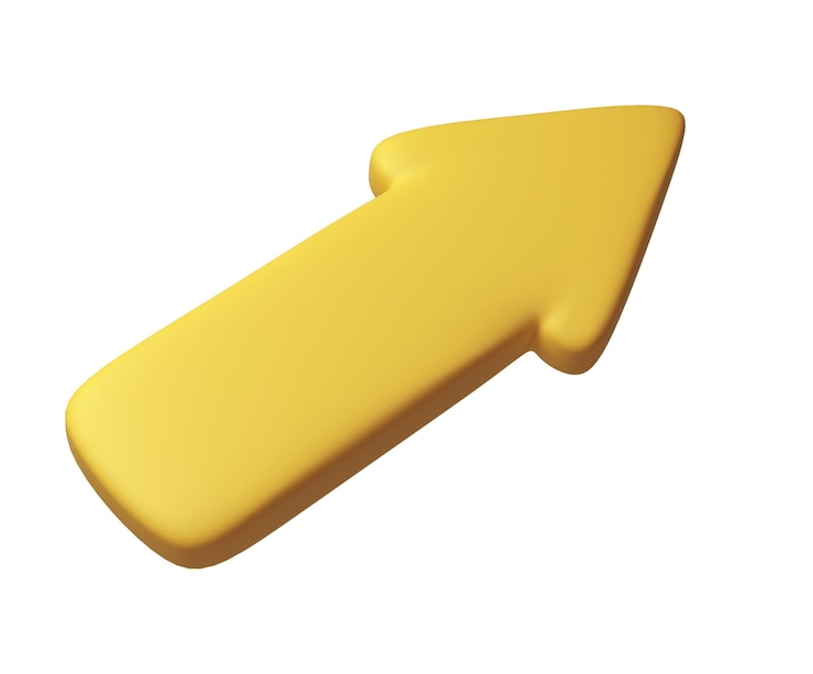 PSD flecha apuntando hacia adelante y a la derecha color amarillo diseño 3d realista en estilo de dibujos animados de plástico