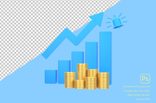 Flecha ascendente azul 3D y gráfico de barras de ganancias con múltiples arreglos de monedas