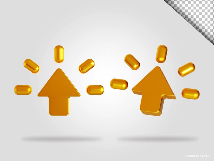 PSD flecha dorada, cursor 3d render ilustración aislada