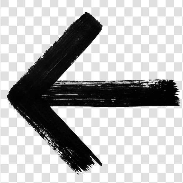 Flecha negra dibujada a mano con textura de trazo de pincel apuntando a la izquierda sobre un fondo transparente