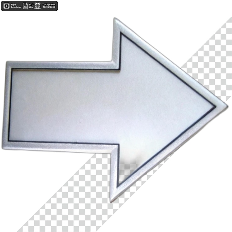 PSD flecha plateada con borde negro en fondo transparente