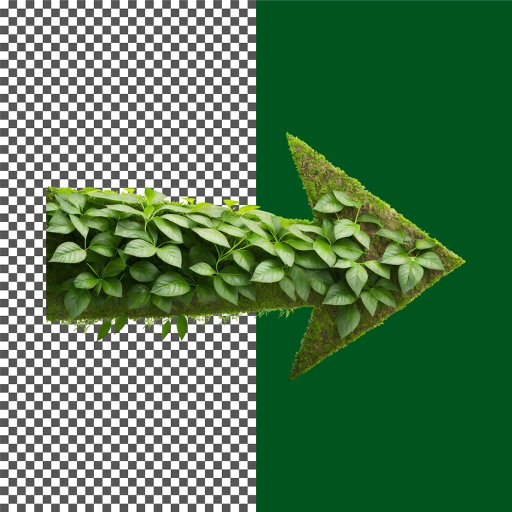 PSD flecha verde hecha de hojas señal de dirección ecológica en fondo transparente png psd