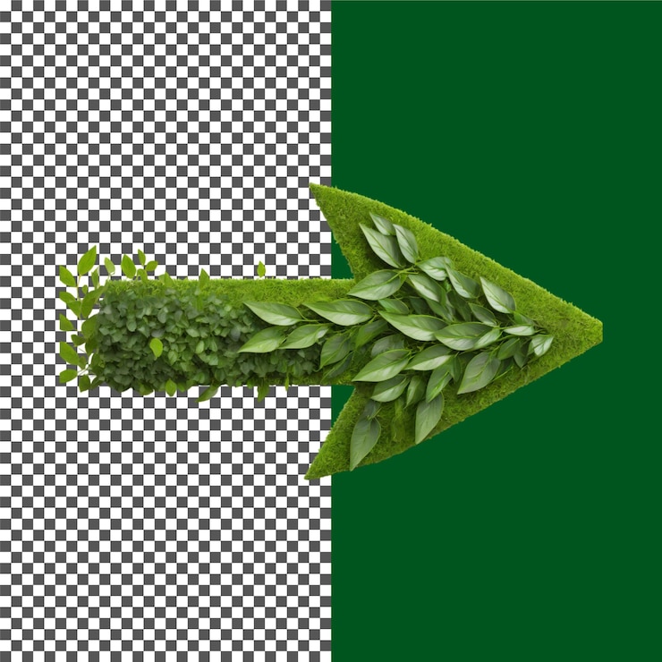PSD flecha verde de la naturaleza flecha ecológica hecha de hojas y plantas verdes sobre un fondo transparente