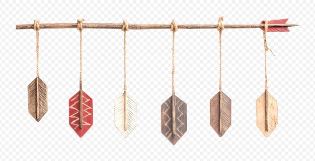 Las flechas de madera colgando en un fondo transparente
