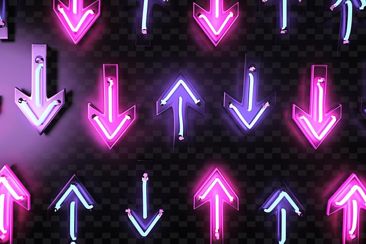 PSD flechas de neón brillantes que apuntan en diferentes direcciones flecha c y2k textura forma arte de decoración de fondo