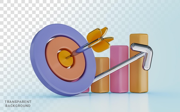 La flèche a atteint le centre de la cible et du graphique boursier Icône de rendu 3d de croissance de la réalisation de l'objectif commercial