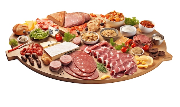 Fleischteller mit verschiedenen fleischprodukten, einschließlich schinken, salami, speck, käse und pilzen