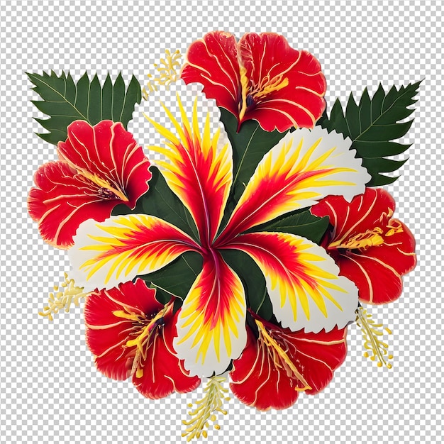 PSD fleur d'hibiscus fraîche avec feuille verte isolée sur fond transparent