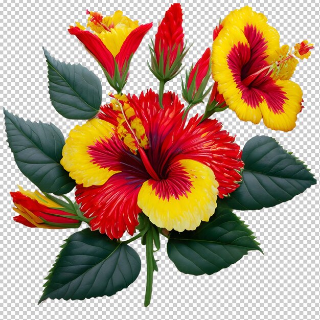 PSD fleur d'hibiscus fraîche avec feuille verte isolée sur fond transparent