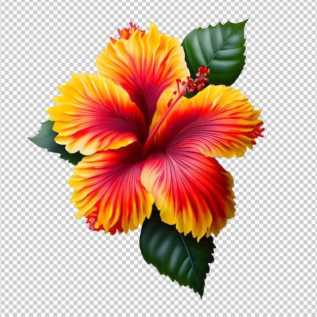 PSD fleur d'hibiscus fraîche avec feuille verte isolée sur fond transparent