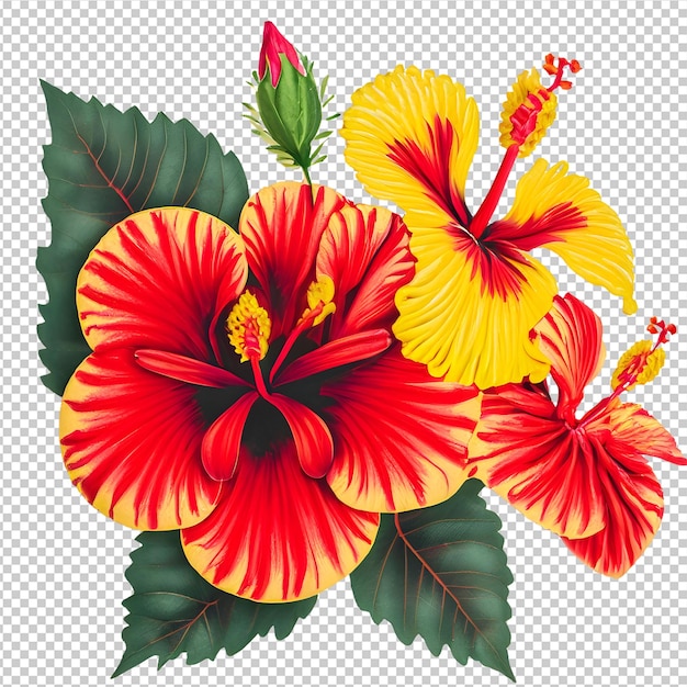 PSD fleur d'hibiscus fraîche avec feuille verte isolée sur fond transparent