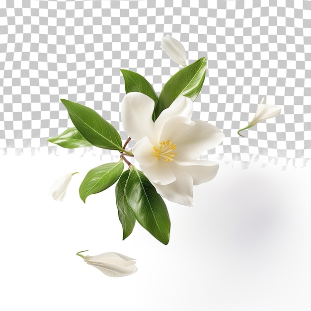 PSD fleur de jasmin une belle fleur transparente de jasmin tombant dans l'air isolée sur un fond transparent levitation ou concept de gravité zéro image haute résolution