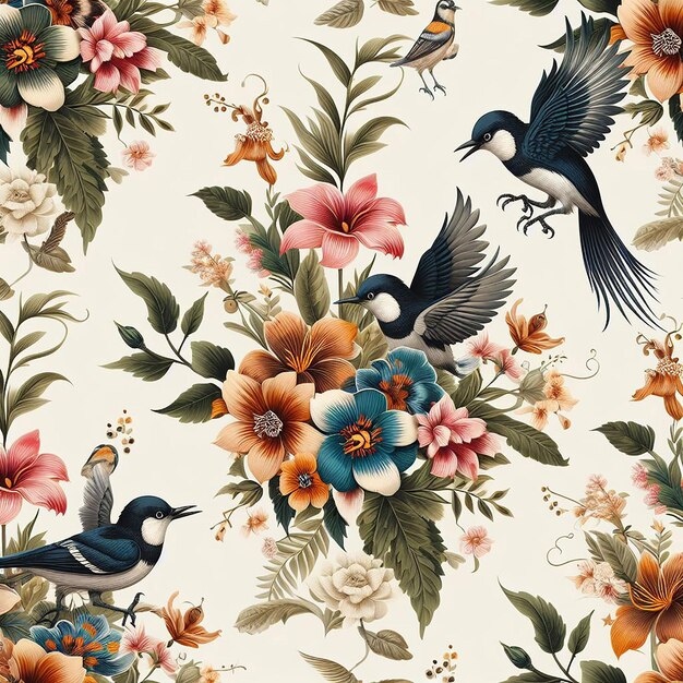 PSD fleur mignonne avec un motif d'oiseau sans couture